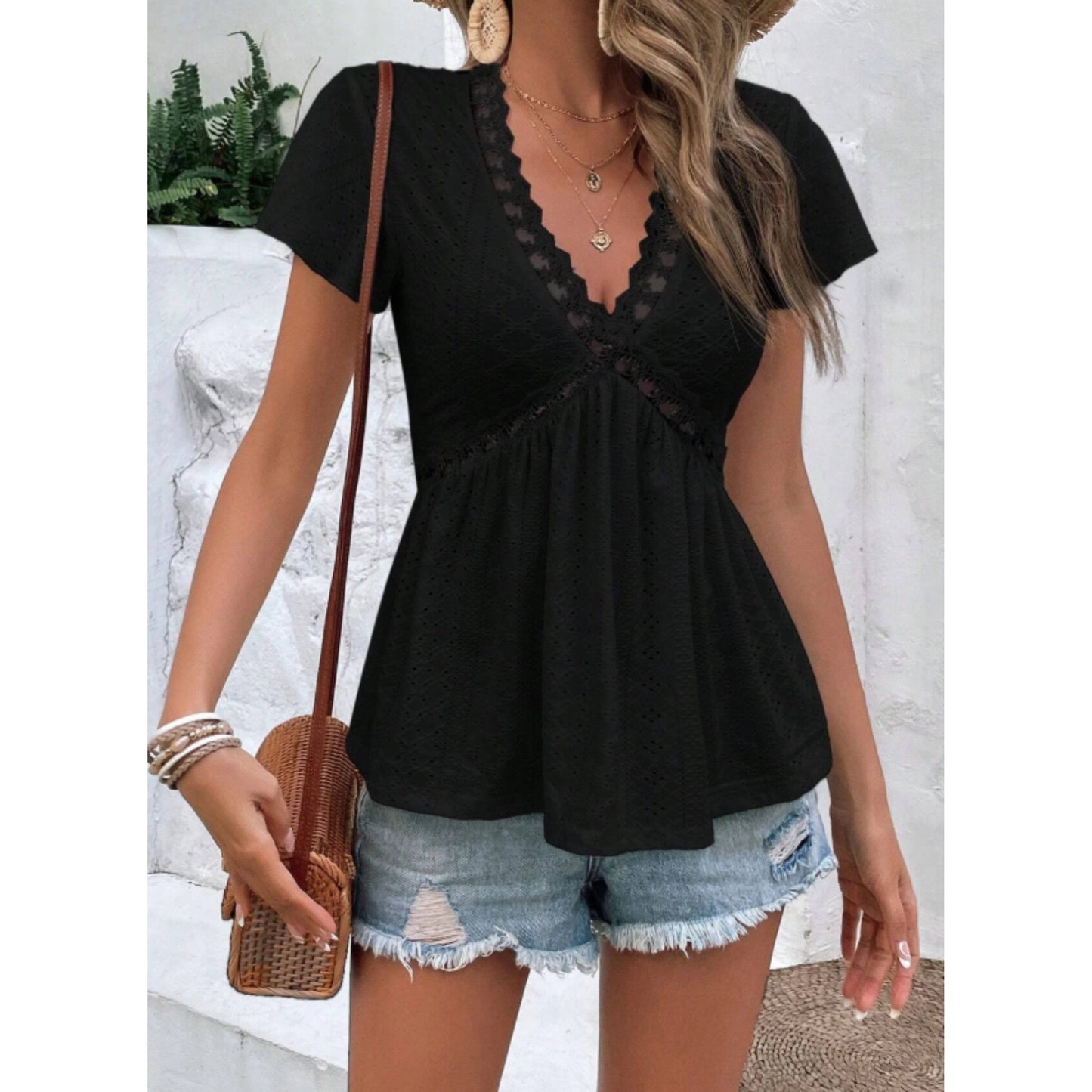 SHEIN Shein Womens Tops L / Black SHEIN - Mesh Lace Trim Striped T-Shirt