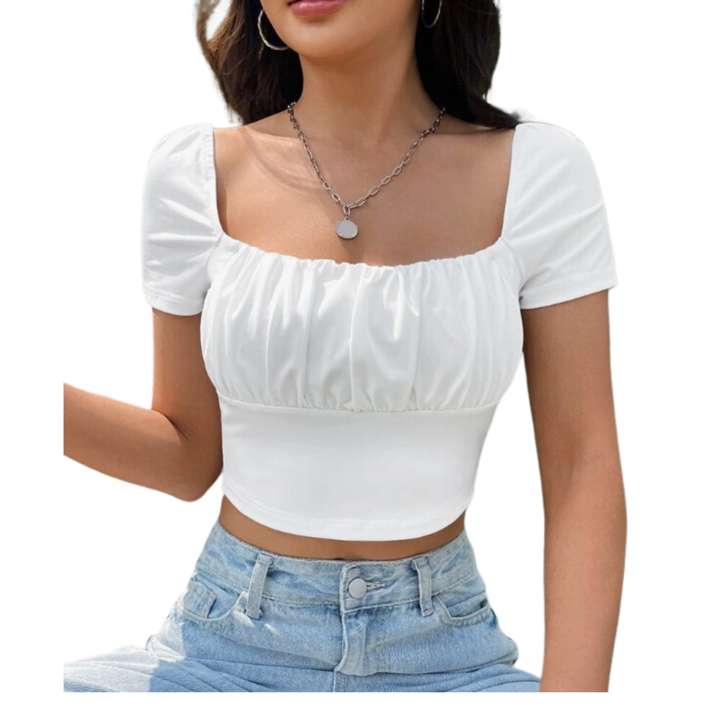 SHEIN Shein Womens Tops M / White SHEIN - Oval Neck Gathered Chest Crop Top