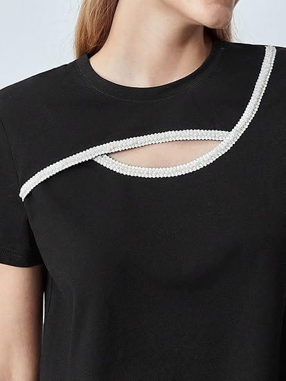 SHEIN Shein Womens Tops S / Black SHEIN - Pearl Tape Cut-Out T-Shirt