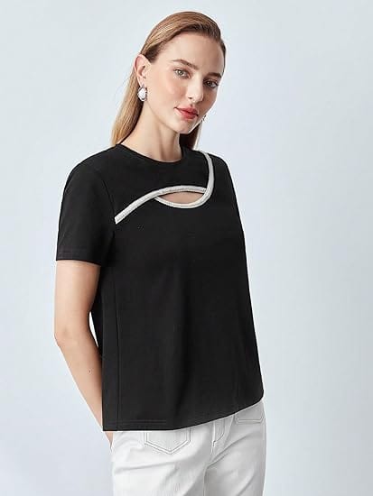 SHEIN Shein Womens Tops S / Black SHEIN - Pearl Tape Cut-Out T-Shirt