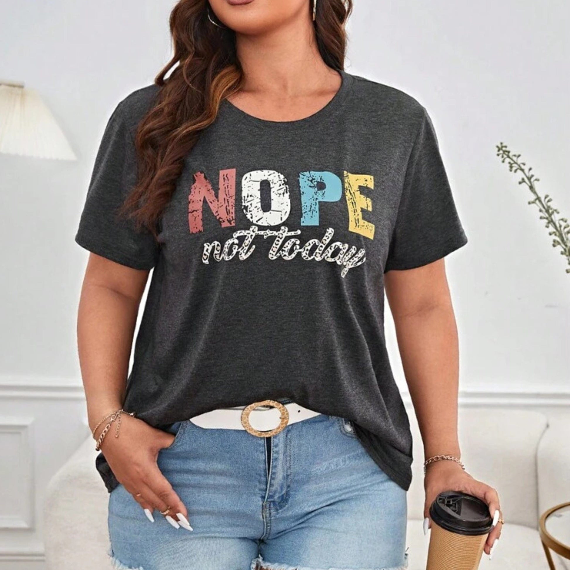 SHEIN Shein Womens Tops XL / Grey SHEIN - Plus Size Letter Graphic Tee NOPE Not Today T-Shirts