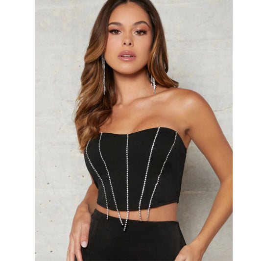 SHEIN Shein Womens Tops S / Black SHEIN -  Rhinestone Detail Crop Top