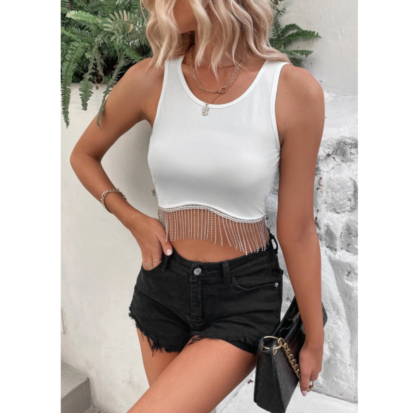 SHEIN Shein Womens Tops S / White SHEIN - Rhinestone fring design crop top