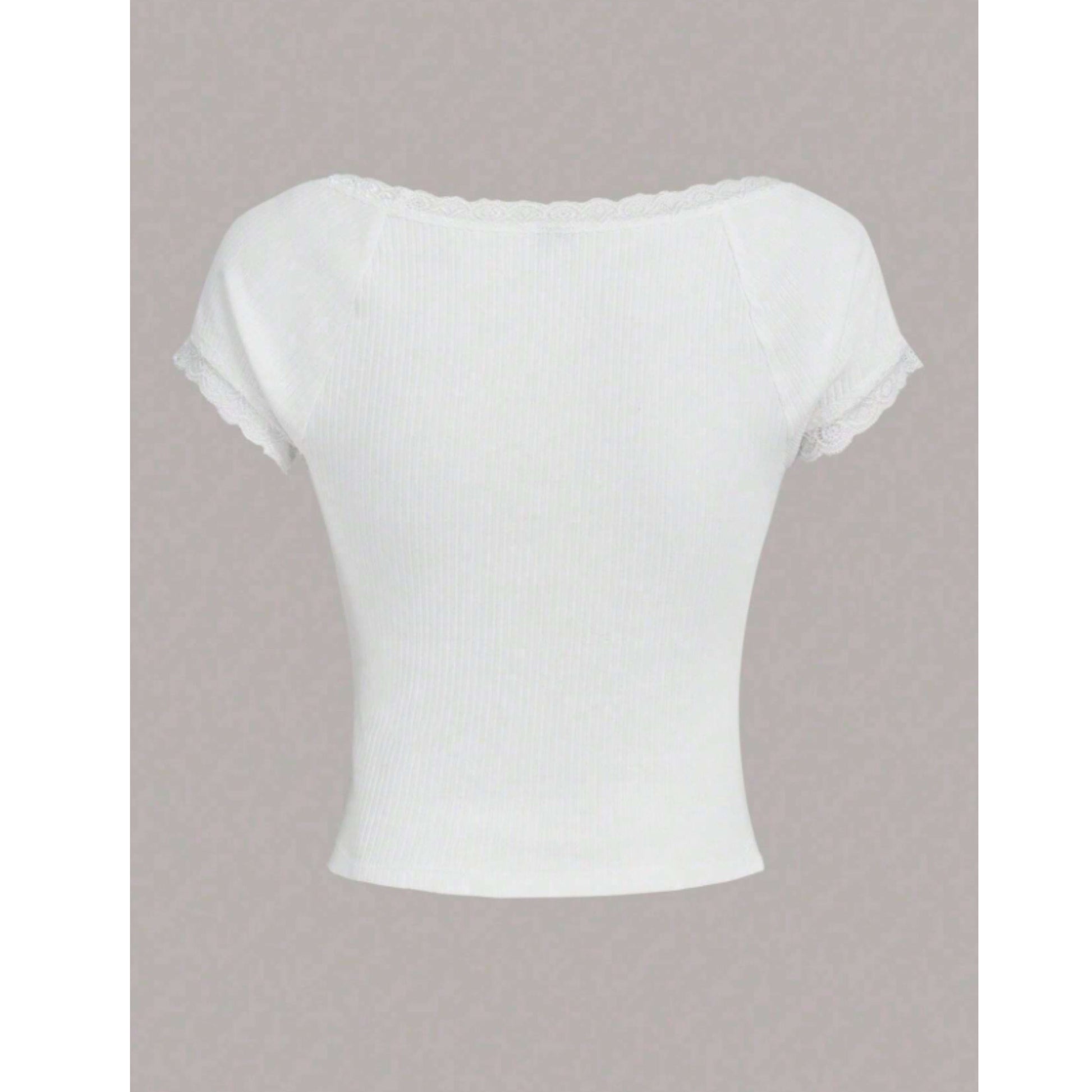 SHEIN Shein Womens Tops XS / White SHEIN - Ribbed Lace Trim Short Sleeve Casual T-Shirt