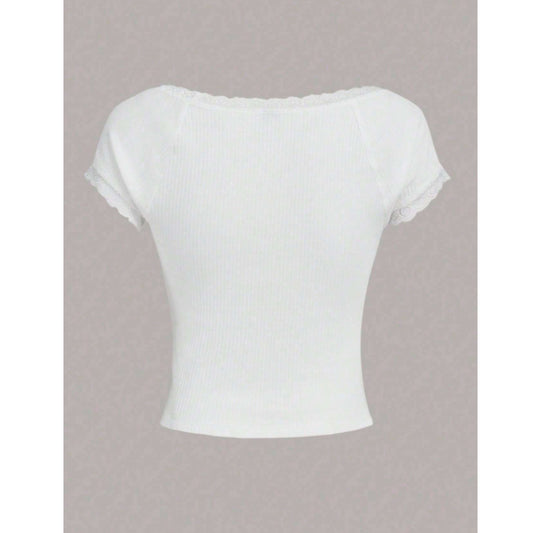 SHEIN Shein Womens Tops XS / White SHEIN - Ribbed Lace Trim Short Sleeve Casual T-Shirt