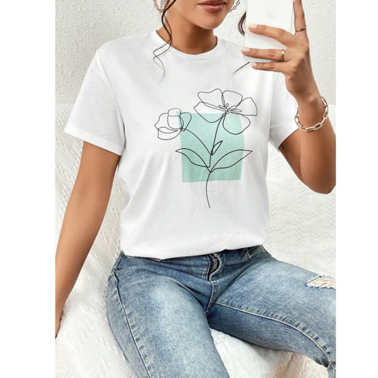 SHEIN Shein Womens Tops L / White SHEIN - Round Neck Floral Print T-shirt