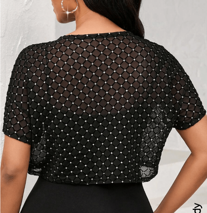 SHEIN Shein Womens Tops L / Black SHEIN -  Semi-Sheer Short Sleeve Diamond  Top