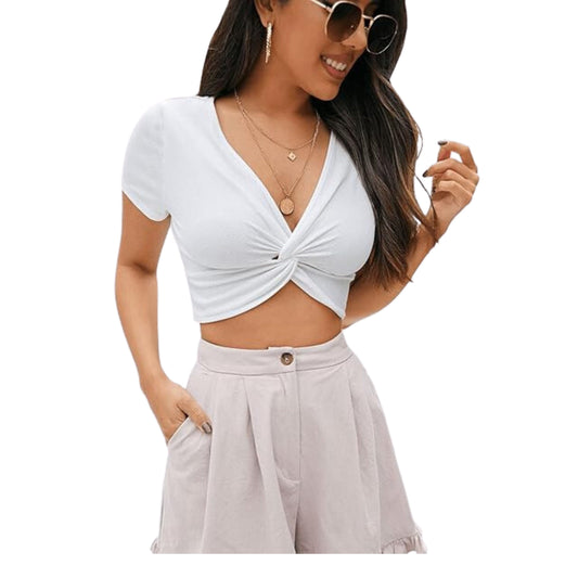 SHEIN Shein Womens Tops S / White SHEIN -  Short SleevesTwist Front Short Sleeve Crop Top