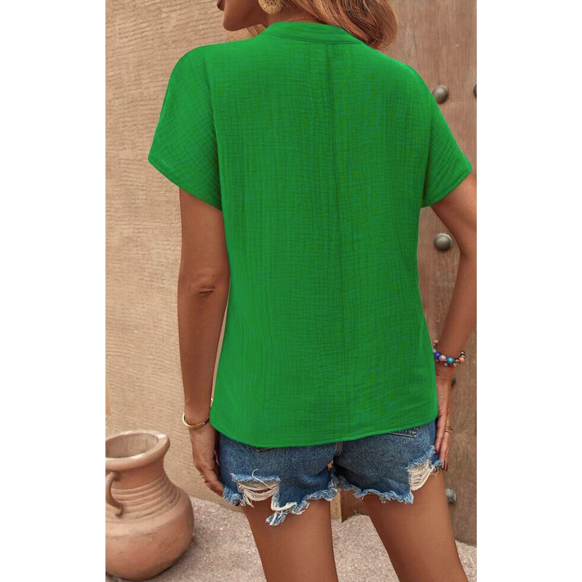 SHEIN Shein Womens Tops XL / Green SHEIN -  Solid Batwing Sleeve Notched Neckline Blouse