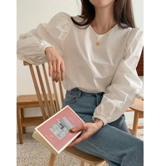 SHEIN Shein Womens Tops L / White SHEIN - Solid Color Puff Sleeve Daily Blouse