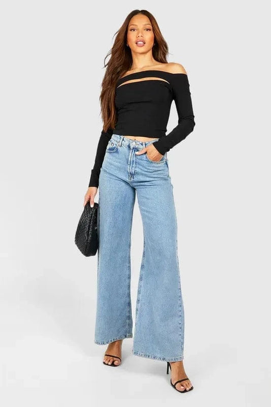 SHEIN Shein Womens Tops XS / Black SHEIN - Solid Off The Shoulder Long Sleeve Cutout Blouse