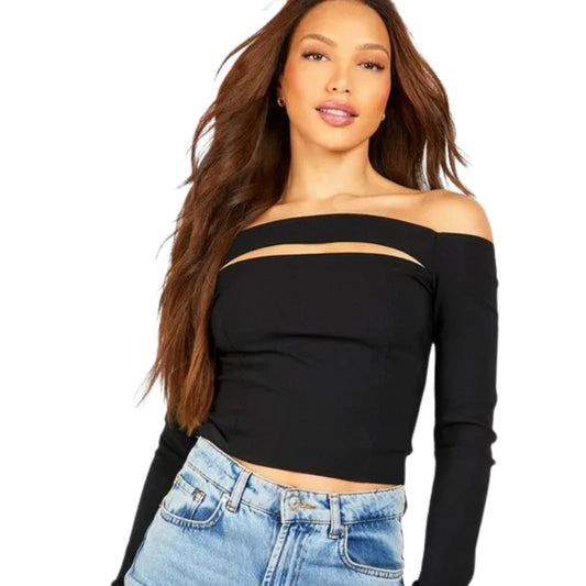 SHEIN Shein Womens Tops XS / Black SHEIN - Solid Off The Shoulder Long Sleeve Cutout Blouse