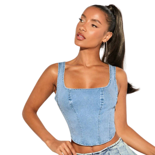 SHEIN Shein Womens Tops M / Blue SHEIN - Square Neck Hanky Hem Tank Denim Top