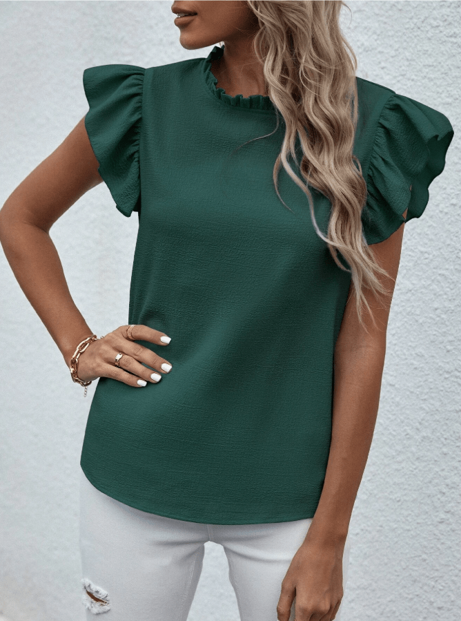 SHEIN Shein Womens Tops XL / Green SHEIN -  Stand Collar Ruffle Sleeve Blouse