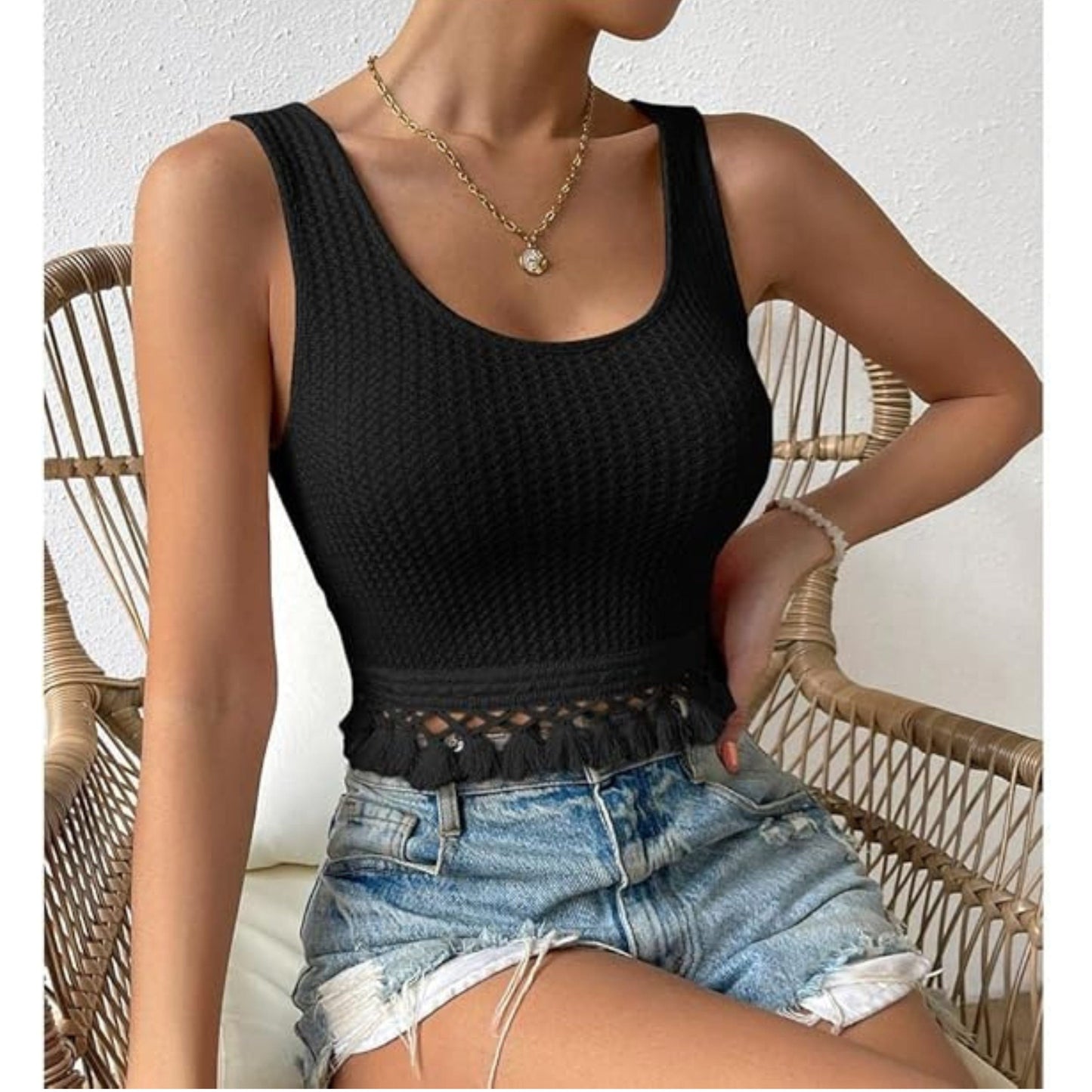 SHEIN Shein Womens Tops M / Black SHEIN - Tassel Trim Waffle Knit Tank Top