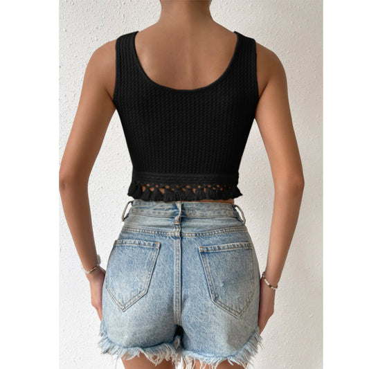 SHEIN Shein Womens Tops M / Black SHEIN - Tassel Trim Waffle Knit Tank Top