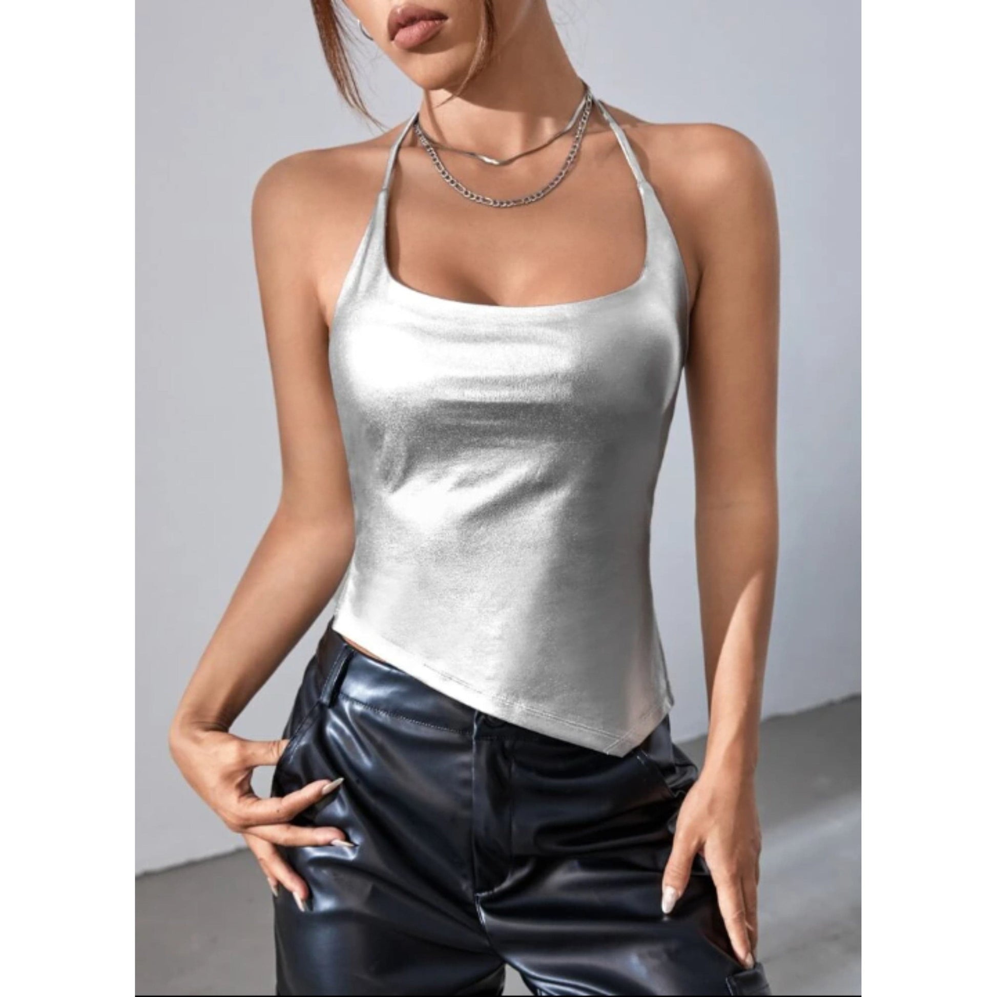 SHEIN Shein Womens Tops S / Silver SHEIN -  Tie Backless Asymmetric Hem Halter Top