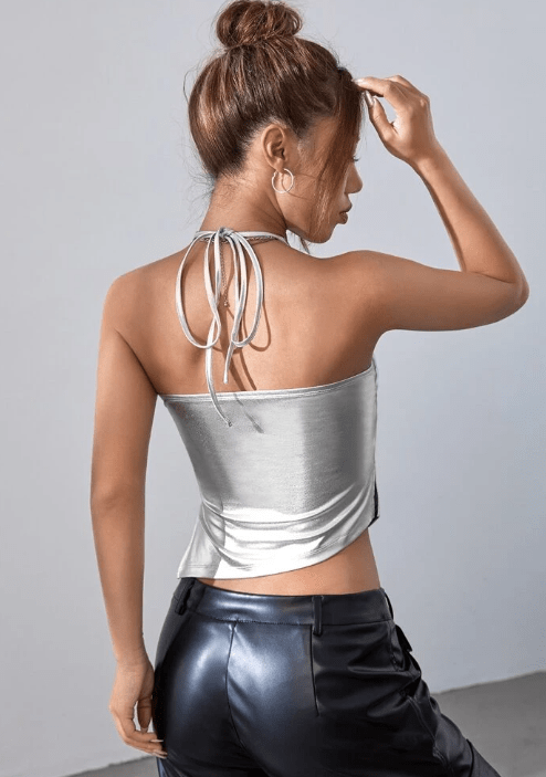 SHEIN Shein Womens Tops S / Silver SHEIN -  Tie Backless Asymmetric Hem Halter Top