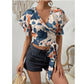 SHEIN Shein Womens Tops S / Multi-Color SHEIN - Tropical Print Butterfly Sleeve Knot Side Wrap Blouse