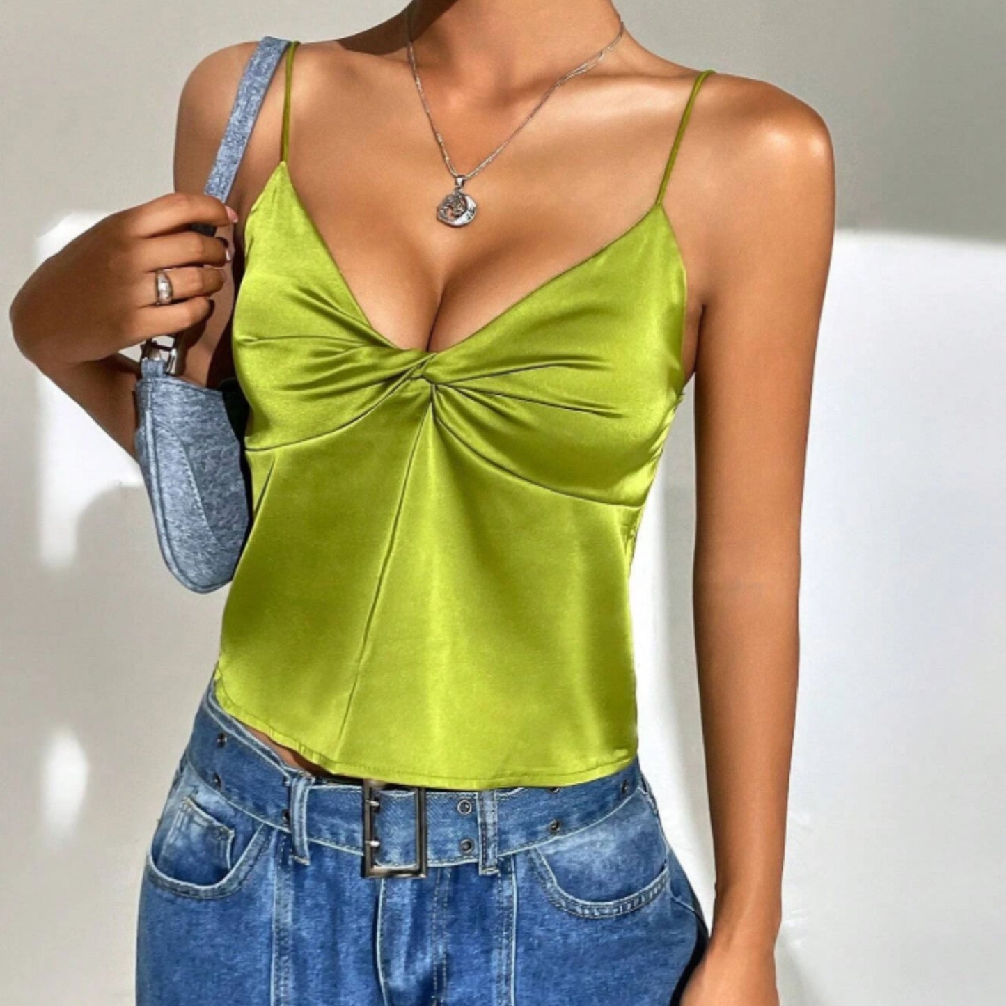 SHEIN Shein Womens Tops S / Green SHEIN - Twist Front Satin Tank top