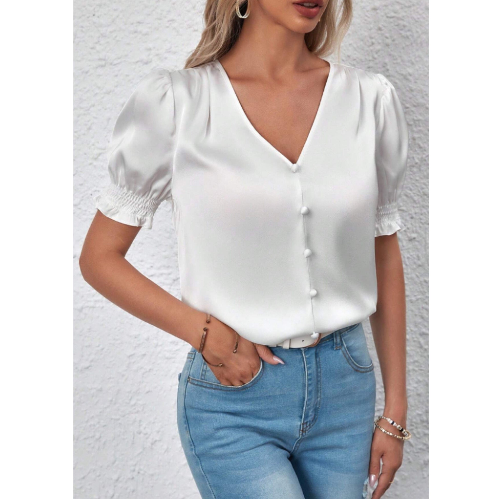 SHEIN Shein Womens Tops M / White SHEIN - V-neck faux button design blouse