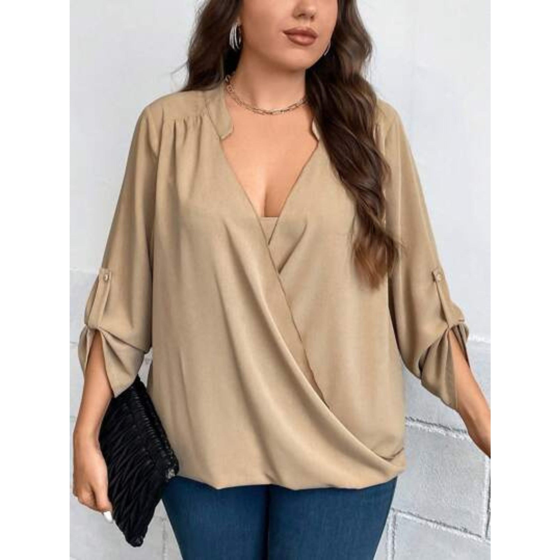 SHEIN Shein Womens Tops XL / Beige SHEIN - Wrap Sleeve Bandage Plus Size Blouse