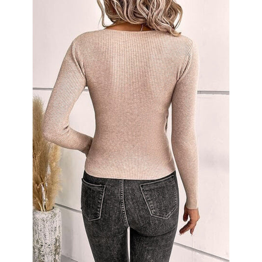 SHEIN Shein Womens Tops L / Beige SHEIN -  Wrap V Neck Long Sleeve Cross Front Knitted Top