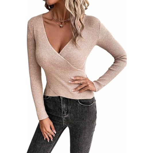 SHEIN Shein Womens Tops L / Beige SHEIN -  Wrap V Neck Long Sleeve Cross Front Knitted Top