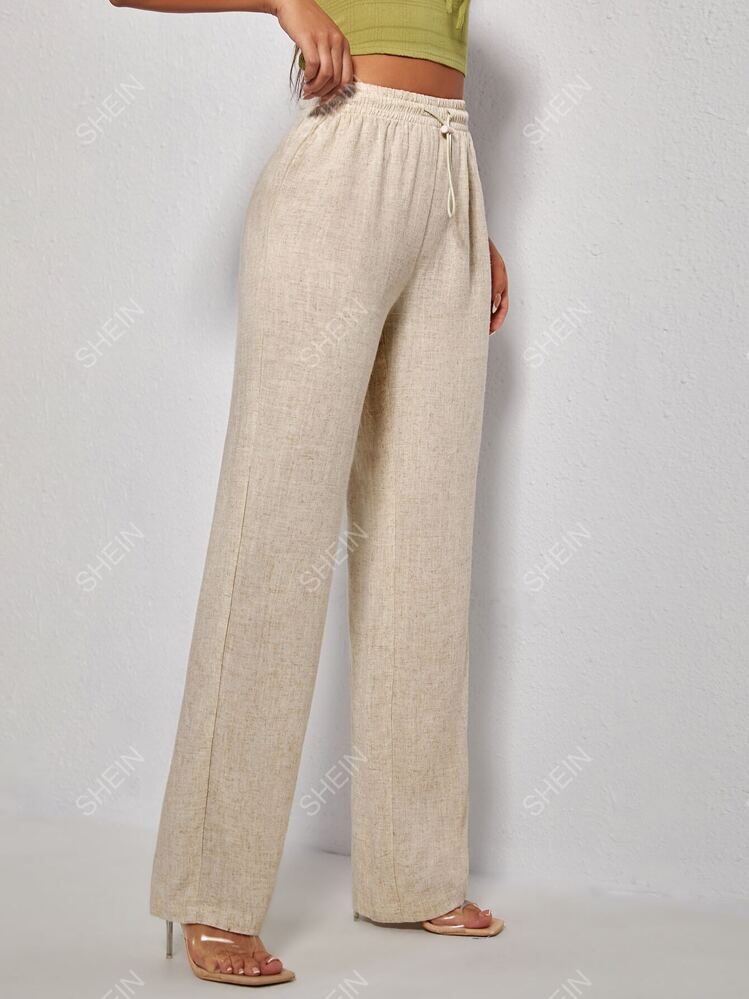 SHEIN Womens Bottoms Petite M / Beige / 28 SHEIN - PETITE Drawstring Waist Straight Leg Pants