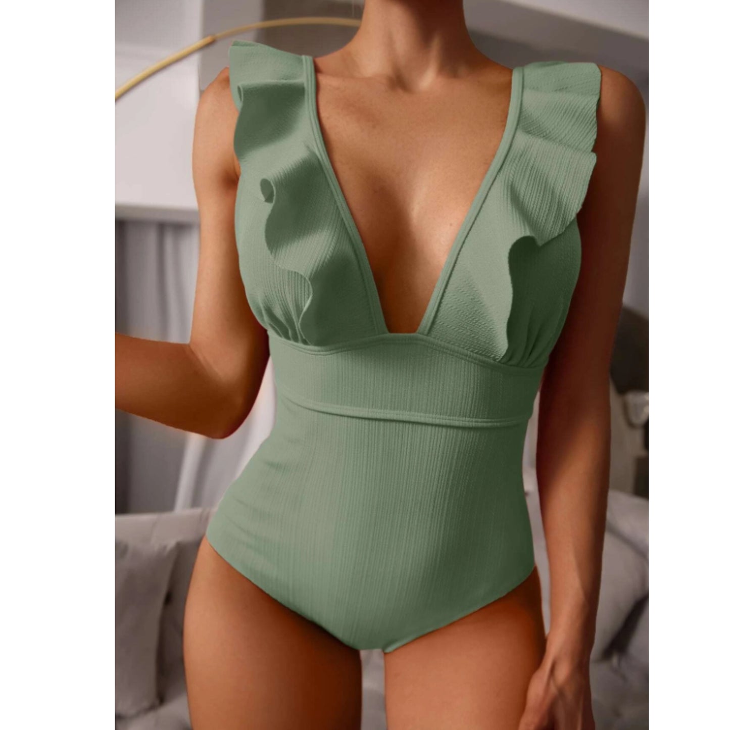 SHEIN -  Ruffle Trim Lace Up One Piece ribbed Swimsuit
