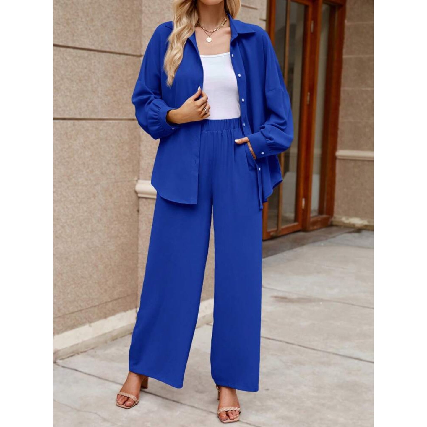 SHEIN - Solid Button Front Shirt & Wide Leg Pants Set