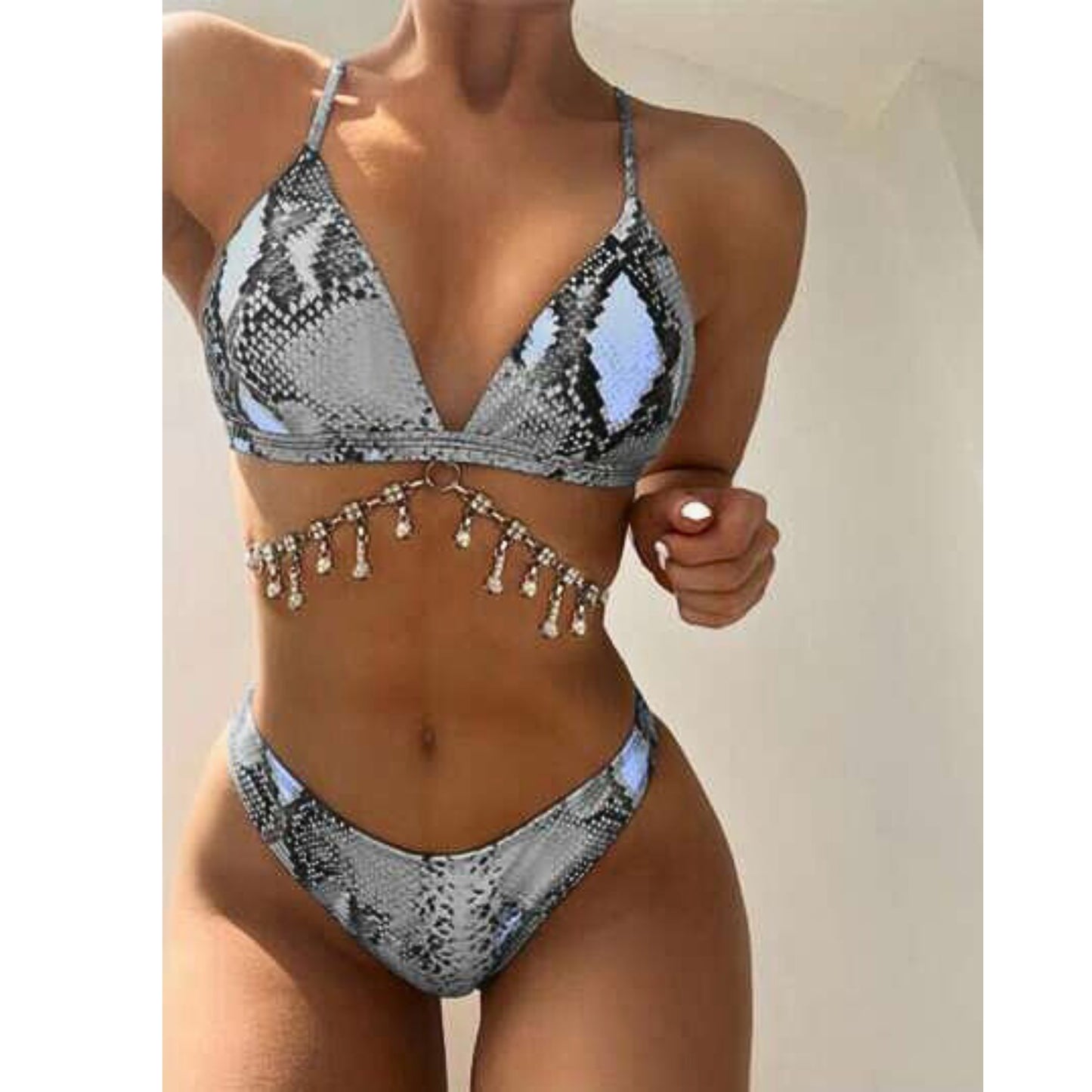 SHEIN - Snakeskin Print Rhinestone Decor Bikini