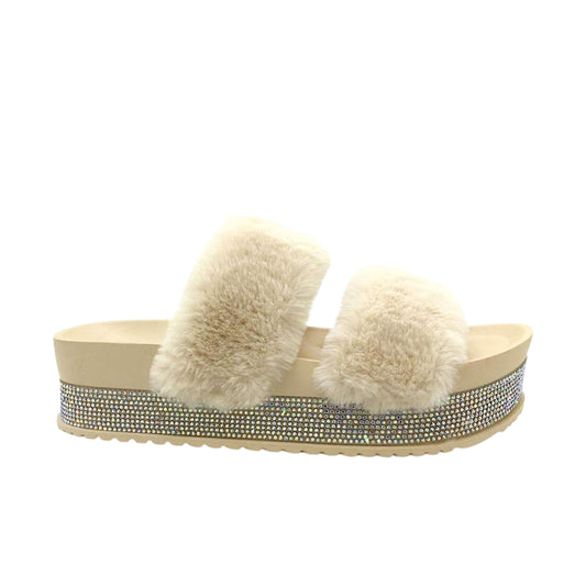STEPLINK Womens Shoes 40 / Beige STEPLINK - Faux Fur Shiny Rhinestones, Arch Support Comfort Fuzzy Slippers