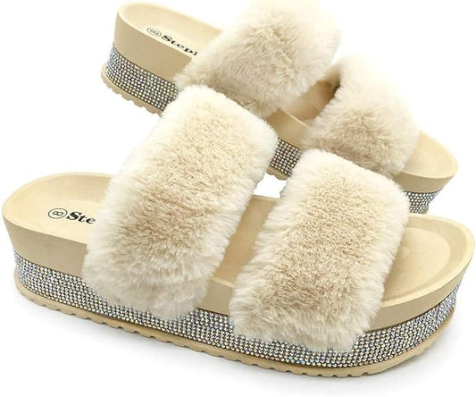 STEPLINK Womens Shoes 40 / Beige STEPLINK - Faux Fur Shiny Rhinestones, Arch Support Comfort Fuzzy Slippers
