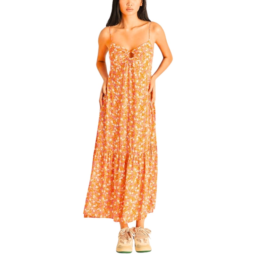 STEVE MADDEN Womens Dress L / Orange STEVE MADDEN - Bright Colored Shayne Floral-Print Crepe Empire-Waist Midi Dress