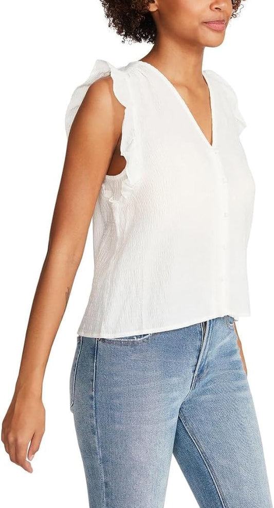 STEVE MADDEN Womens Tops XS / White STEVE MADDEN -  Loretta Smocked Flutter Sleeves Button-Down Top