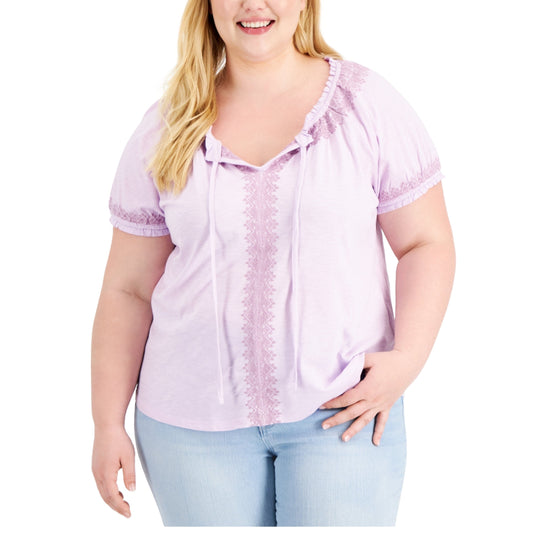 STYLE & CO. Womens Tops M / Light Purple STYLE & CO. -  Embroidered Puff-Sleeve Blouse