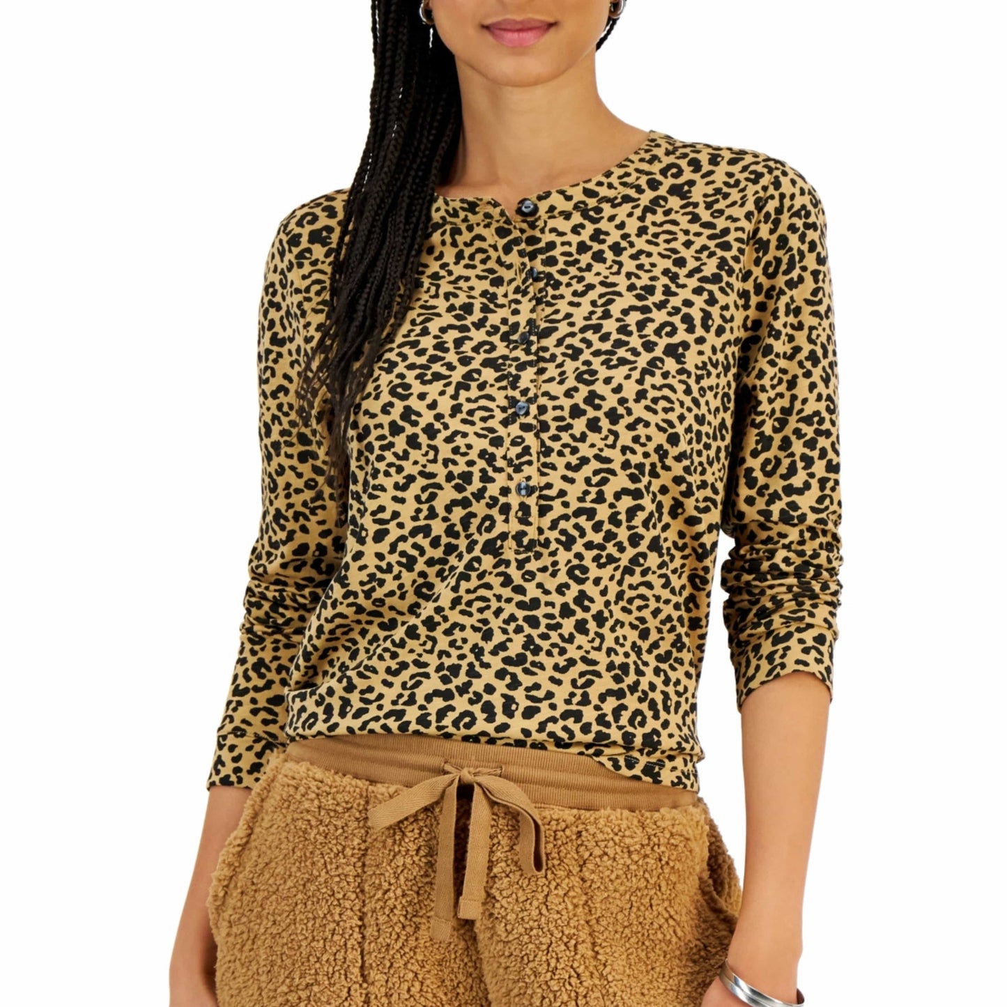 STYLE & CO. Womens Tops Petite L / Multi-Color STYLE & CO. - Petite Animal-Print Henley Knit Top