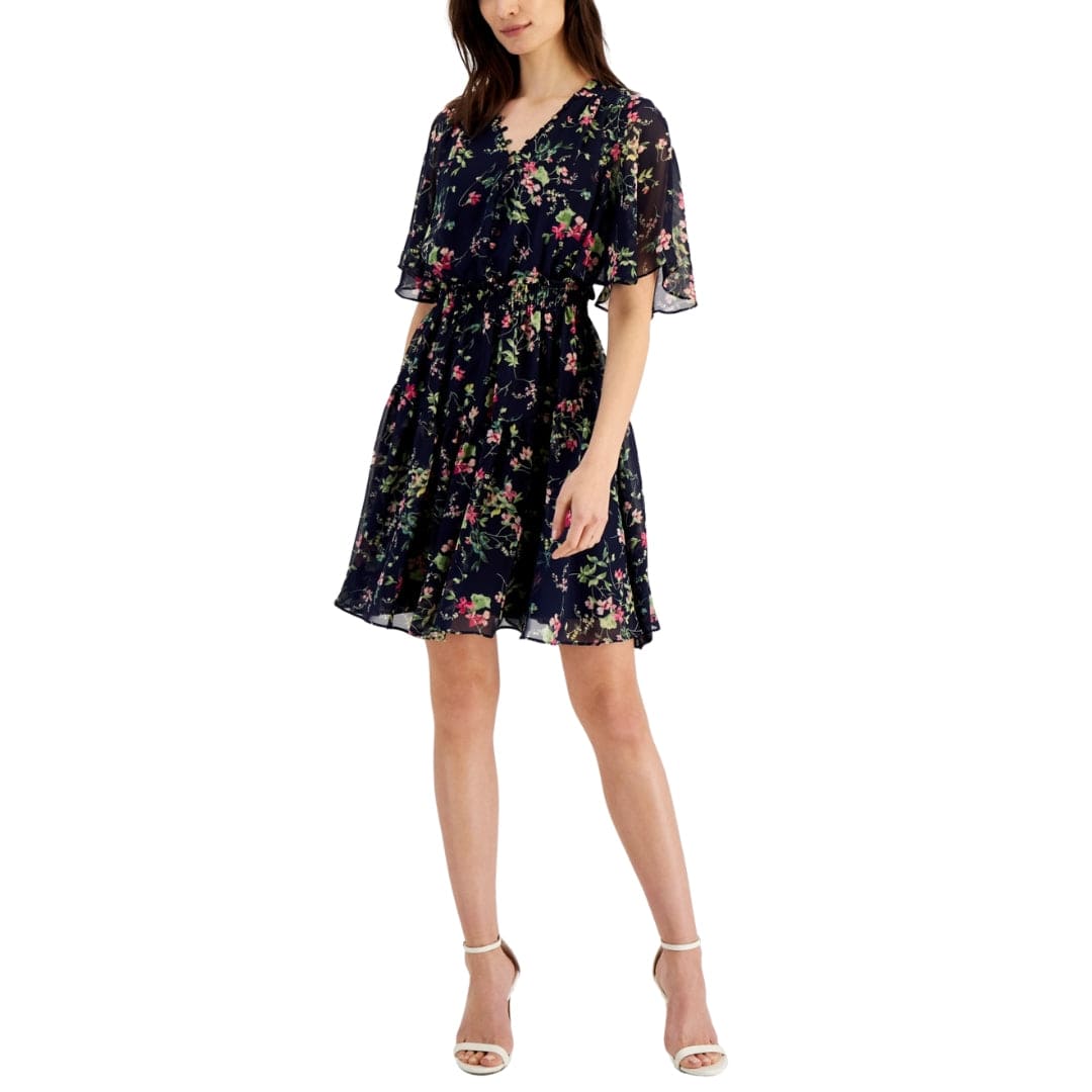 TAYLOR Womens Dress Petite S / Navy TAYLOR - Floral-Print Smocked Dress