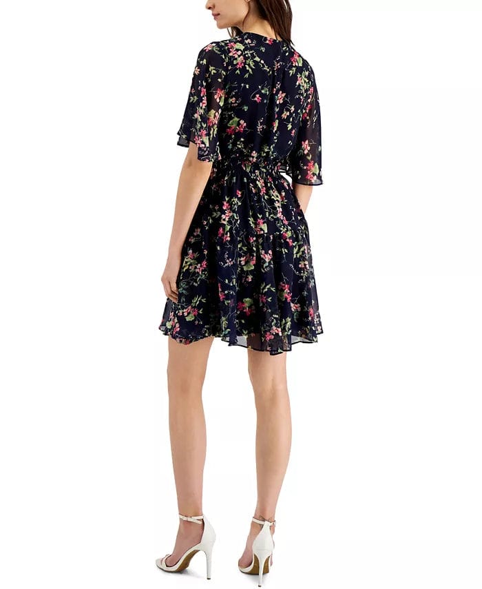 TAYLOR Womens Dress Petite S / Navy TAYLOR - Floral-Print Smocked Dress