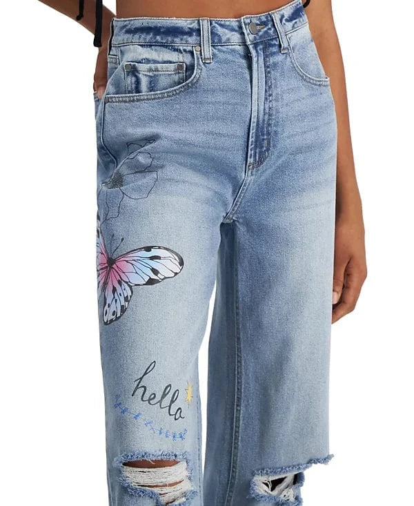 TINSELTOWN Womens Bottoms L / Blue TINSELTOWN -  Graphic Ripped Wide-Leg Jeans