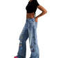 TINSELTOWN Womens Bottoms L / Blue TINSELTOWN -  Graphic Ripped Wide-Leg Jeans