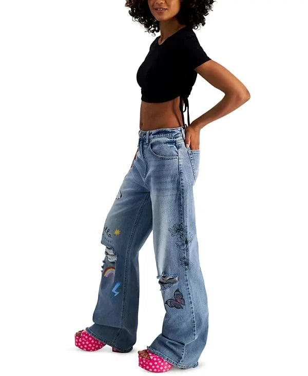 TINSELTOWN Womens Bottoms L / Blue TINSELTOWN -  Graphic Ripped Wide-Leg Jeans