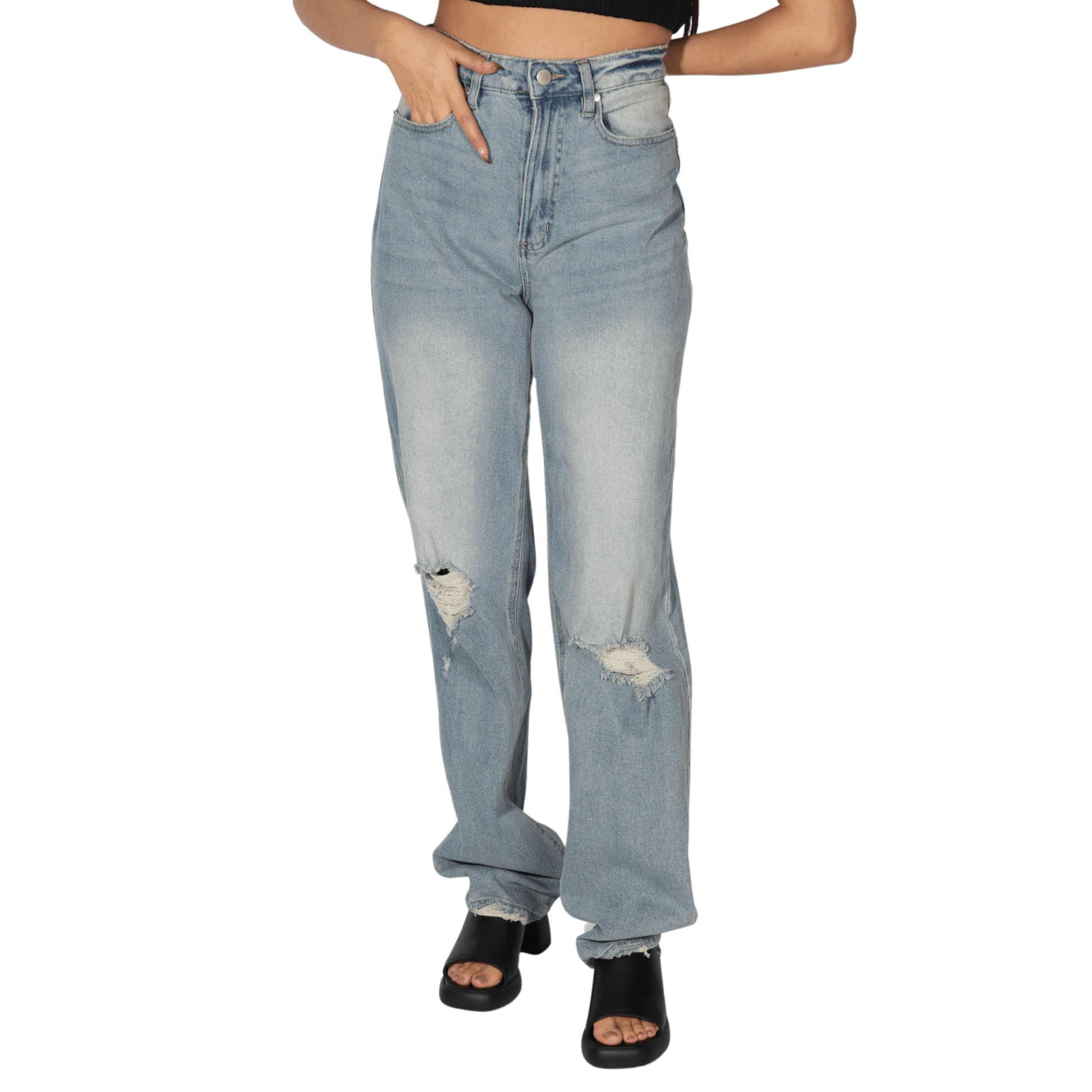 TINSELTOWN Womens Bottoms M / Blue / 28-29 TINSELTOWN -  Hi-Rise Baggy, Straight Distressed Jeans