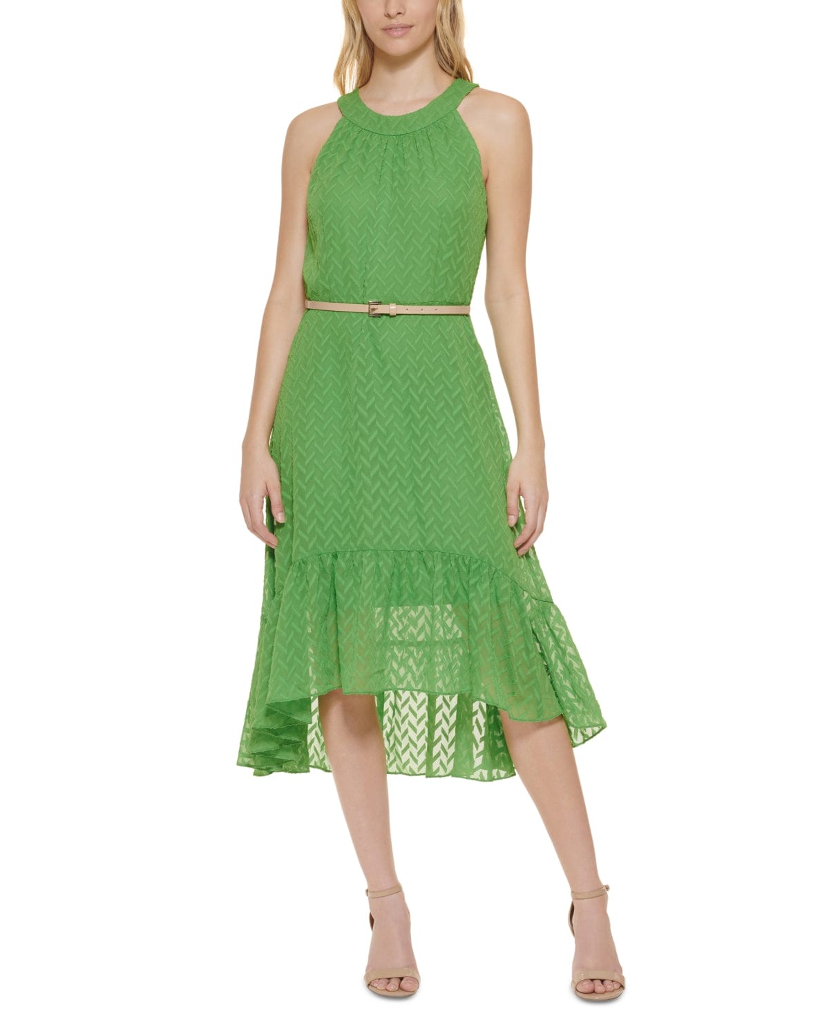 TOMMY HILFIGER Womens Dress S / Green TOMMY HILFIGER - Chevron Sleeveless Halter MIDI Party Hi-Lo Dress