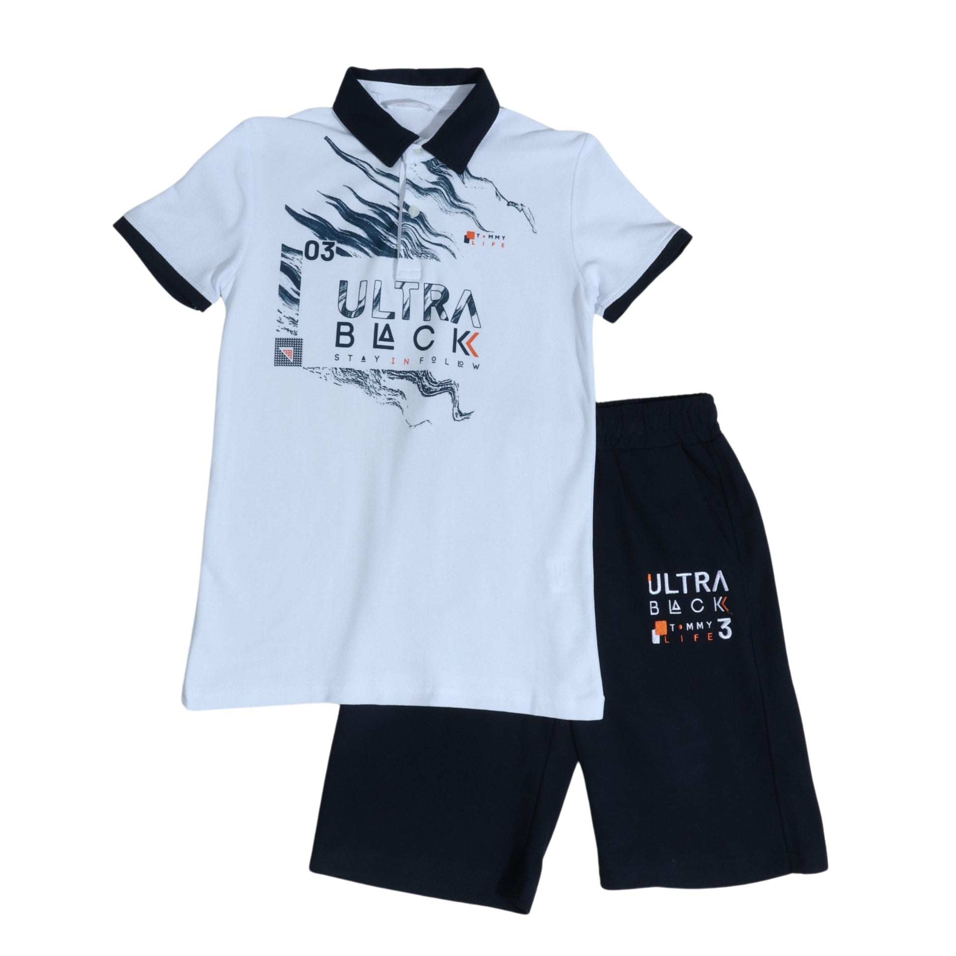 TOMMY LIFE Boys Set S / White TOMMY LIFE - Printed Polo Neck Set