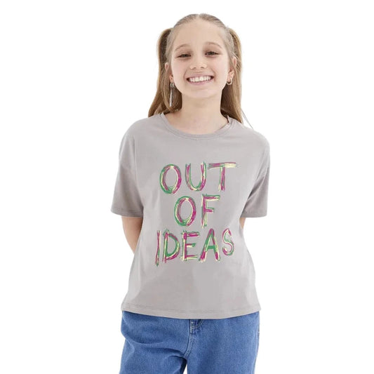 TOMMY LIFE Girls Tops S / Beige TOMMY LIFE - Kids - Oversize Text Printed O Neck Low Shoulder T-Shirt
