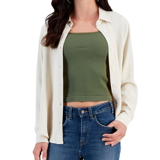 ULTRA FLIRT Womens Tops L / Beige ULTRA FLIRT - Button-up Long-Sleeve Boyfriend Shirt