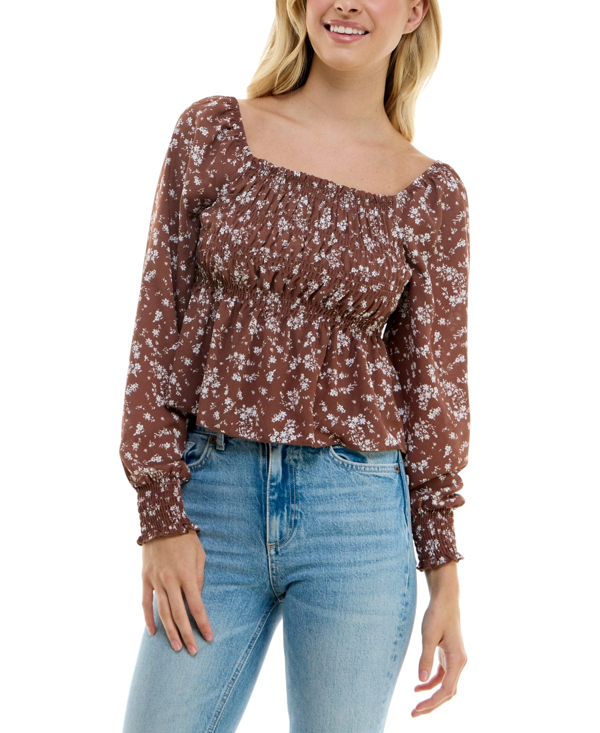 ULTRA FLIRT Womens Tops M / Brown ULTRA FLIRT - Floral Smocked Peplum Top