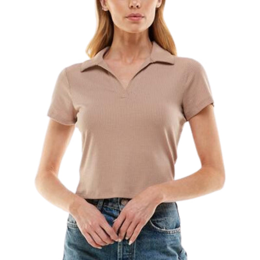 ULTRA FLIRT Womens Tops XS / Beige ULTRA FLIRT - Ribbed Polo T-Shirt